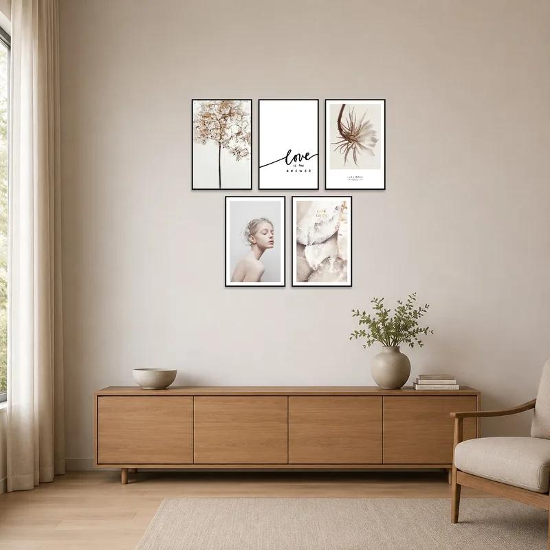 Nature-inspired art set enhances a clean, minimalist room.