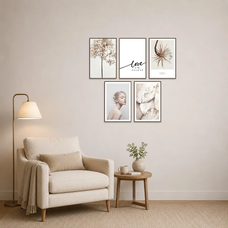 Reading corner enlivened by nature and inspiration wall art set.