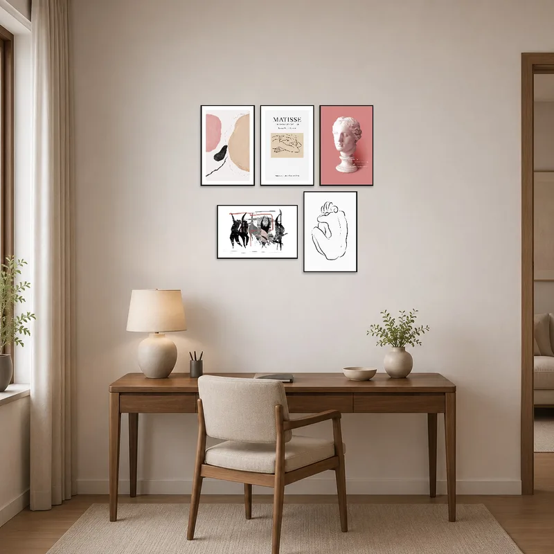 Classic and abstract art prints bringing creativity to a home office workspace.