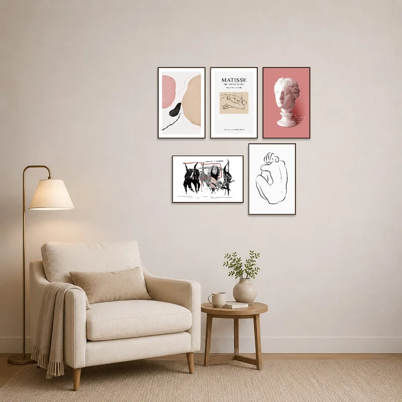 Art prints adding style and inspiration to a tranquil reading corner.