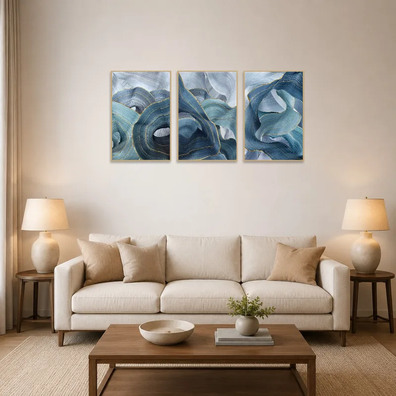 Triptych art print of abstract blue waves displayed above a modern living room sofa.