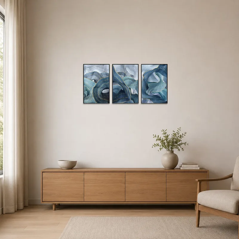 Simple abstract blue wave art print enhancing a minimalist space with its fluid design.