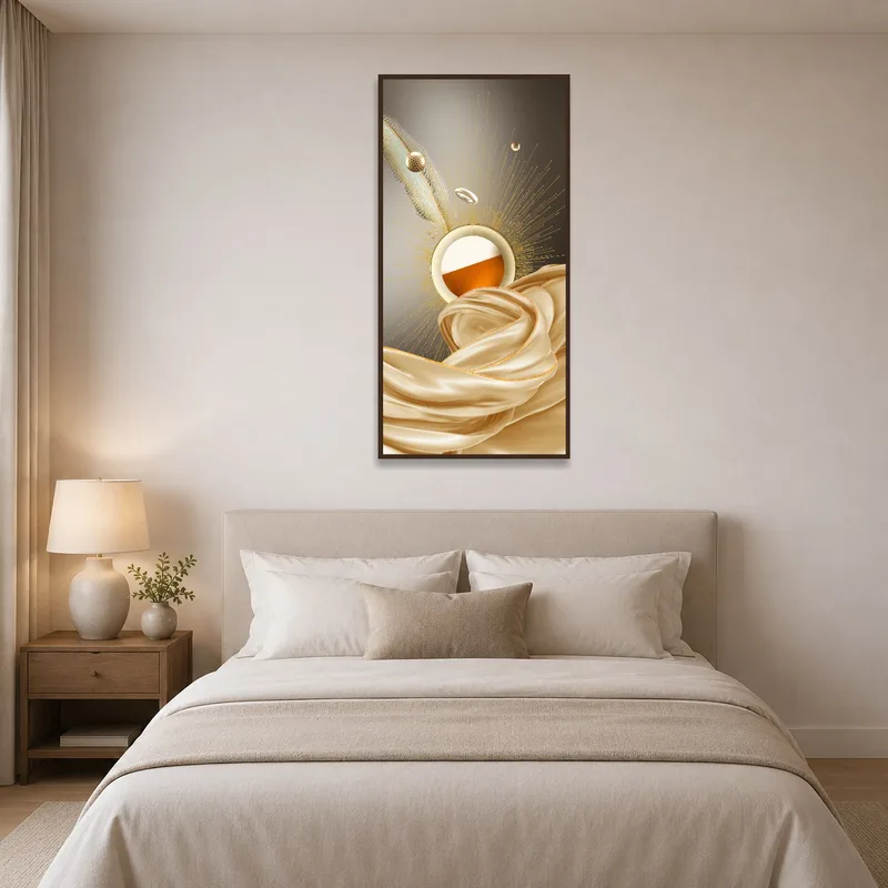 Serene abstract composition with gold highlights above the bed.