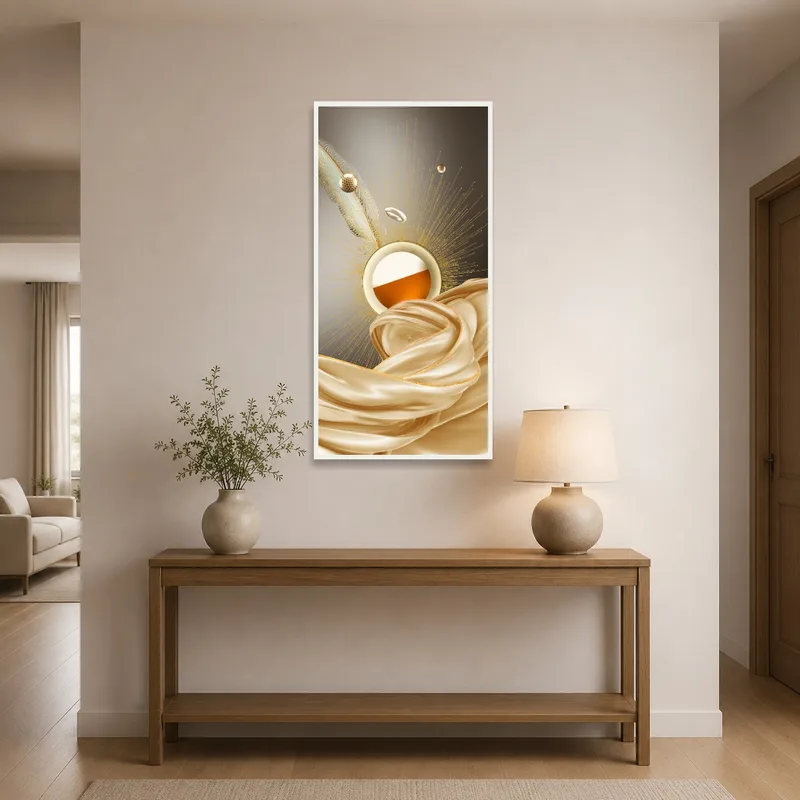 Gold-accented abstract piece catching the eye in a stylish entrance hall.