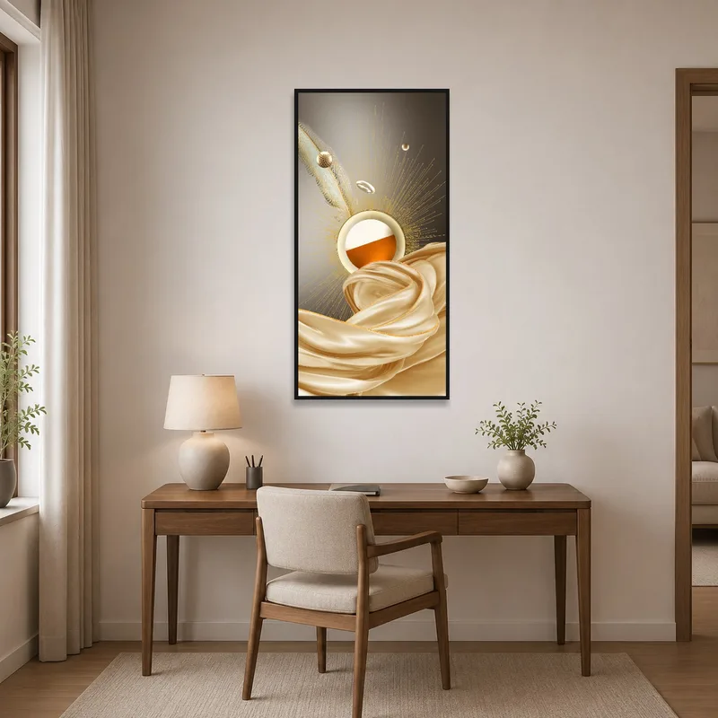 Elegant abstract artwork with gold details inspiring creativity in a home office.