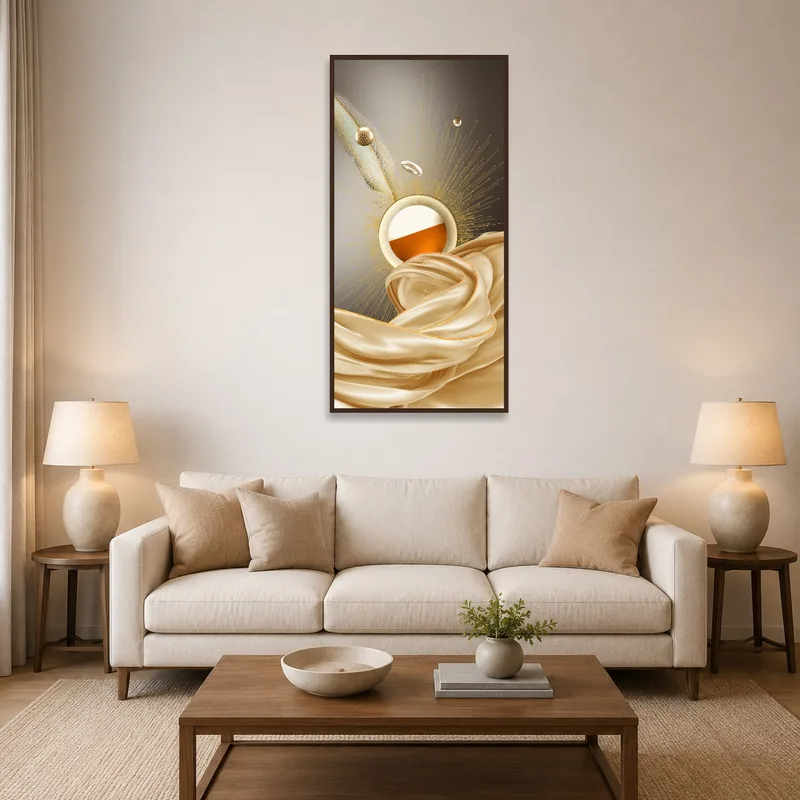 Abstract artwork with gold accents above a modern sofa in the living room.