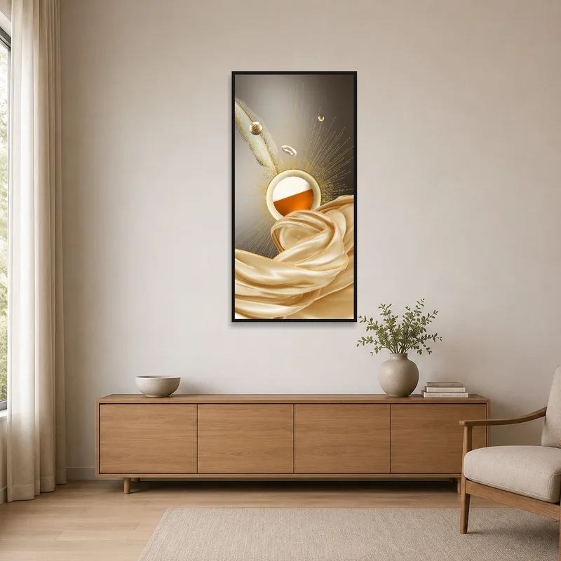 Abstract art with gold tones in a minimalist space, enhancing simplicity.