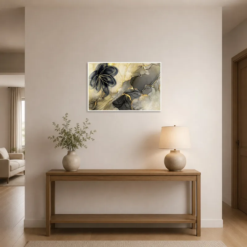 Entrance hall featuring striking elegance with abstract floral art in gold and black.