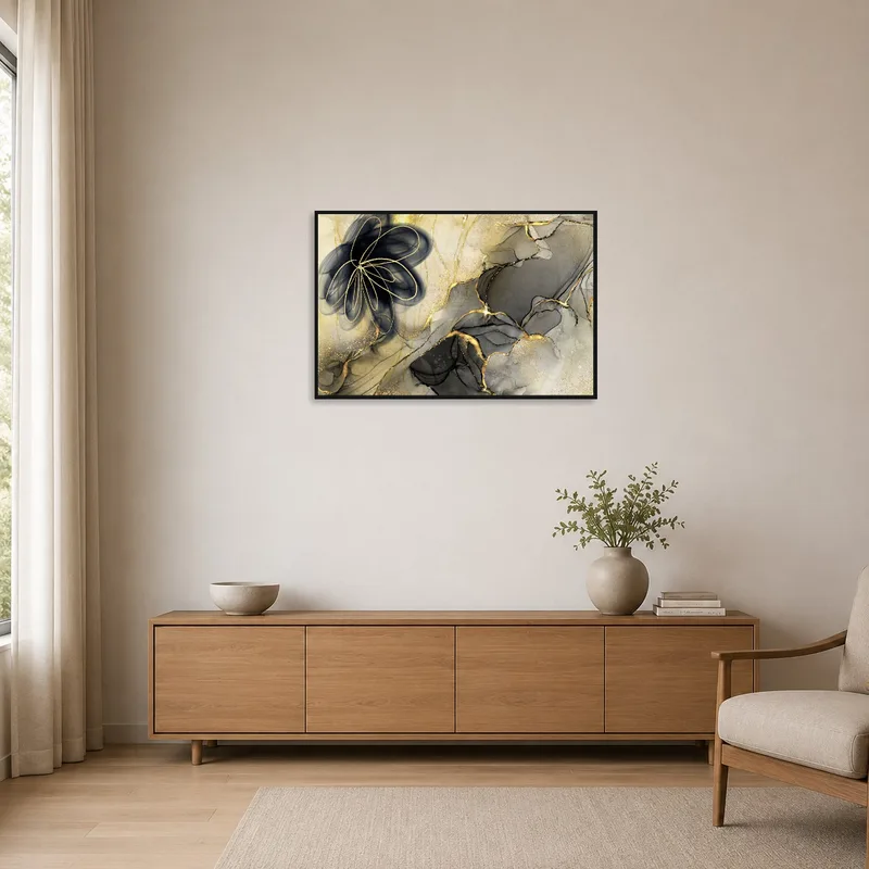 Minimalist room with a touch of elegance from abstract floral art in gold and black.