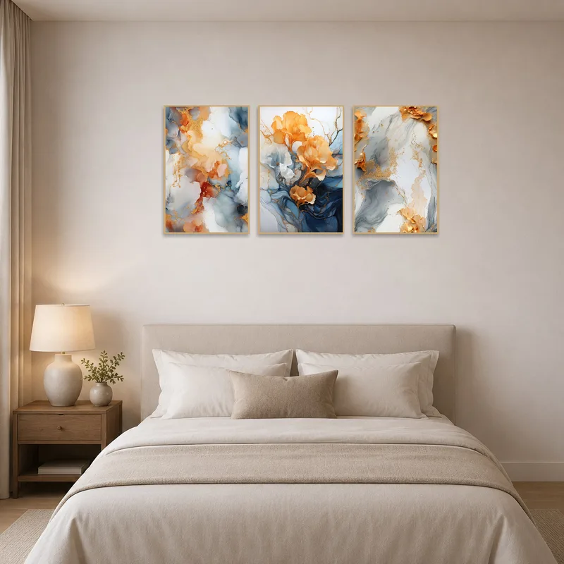 Bedroom complemented by an elegant abstract floral art set creating a restful atmosphere.