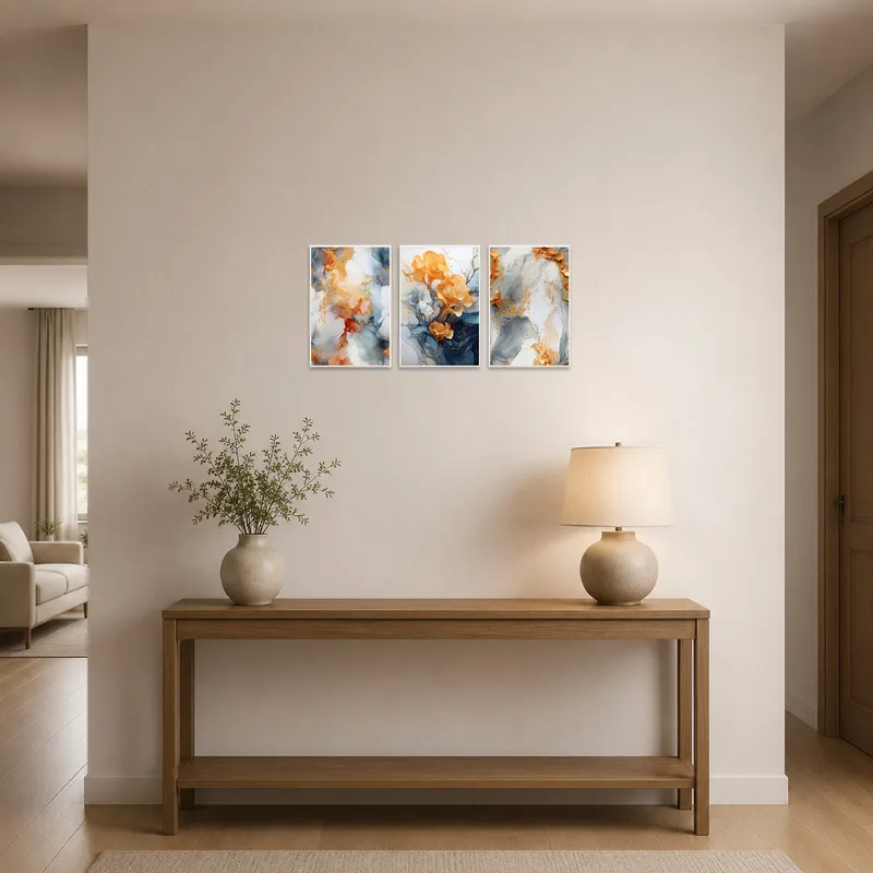 Entrance hall featuring an elegant abstract floral art set welcoming with its subtle elegance.