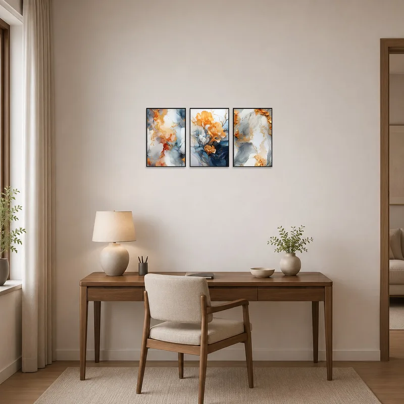 Home office inspired by an elegant abstract floral art set boosting creativity on the wall.