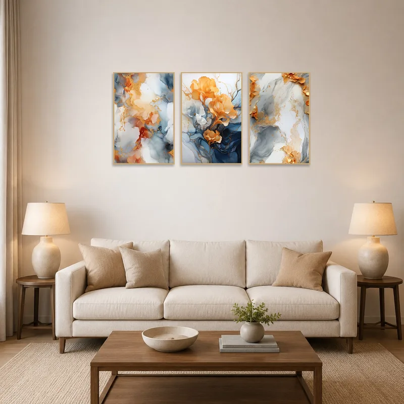 Elegant abstract floral art set adorning a living room wall above a neutral-toned sofa.