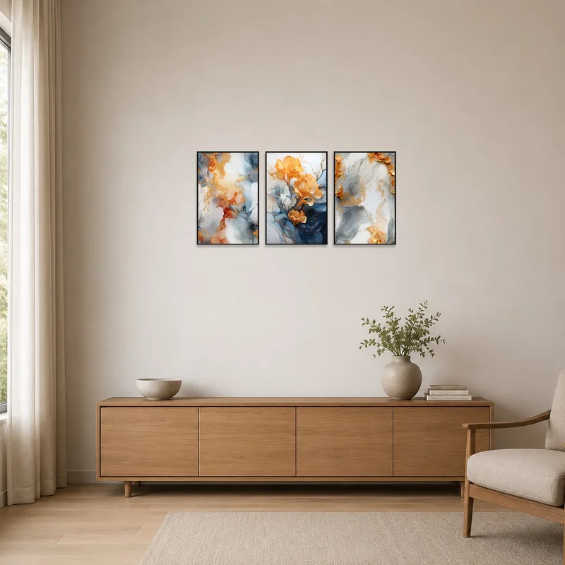 Minimalist space enhanced by an elegant abstract floral art set on a sleek white wall.