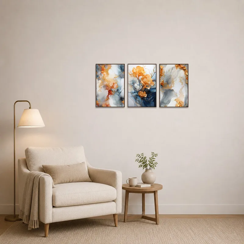 Reading corner enriched with an elegant abstract floral art set providing a serene ambiance.