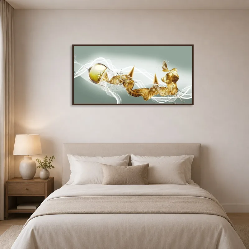 Serene bedroom scene displaying a calming gold and green abstract art above the bed