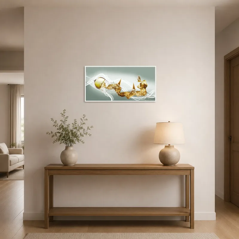 Entrance hall featuring a striking abstract gold and green artwork complementing sleek decor
