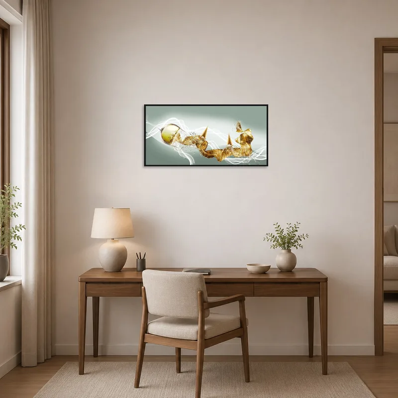 Elegant abstract gold and green art accentuates a modern home office space