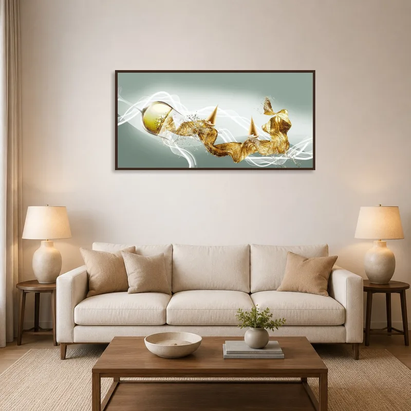 Elegant abstract gold and green art on a living room wall with warm tones and chic furniture