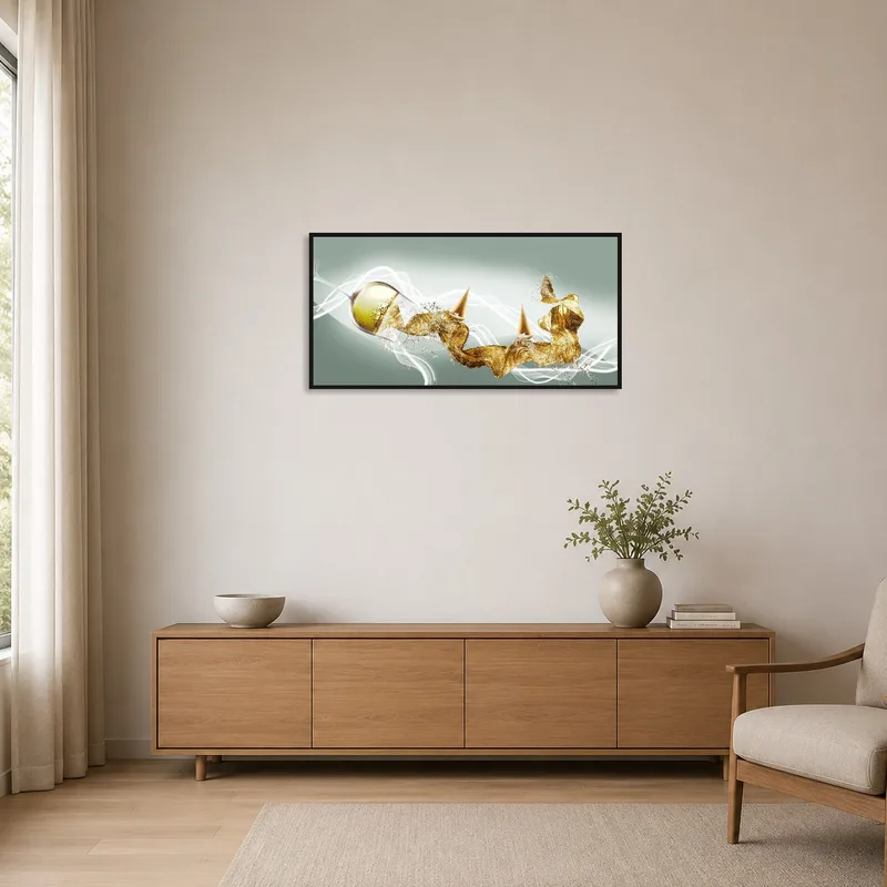 Minimalist room showcasing elegant abstract art with gold and green fluid patterns on a neutral wall