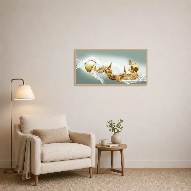 Gold and green fluid art piece adds a touch of sophistication to a cozy reading corner
