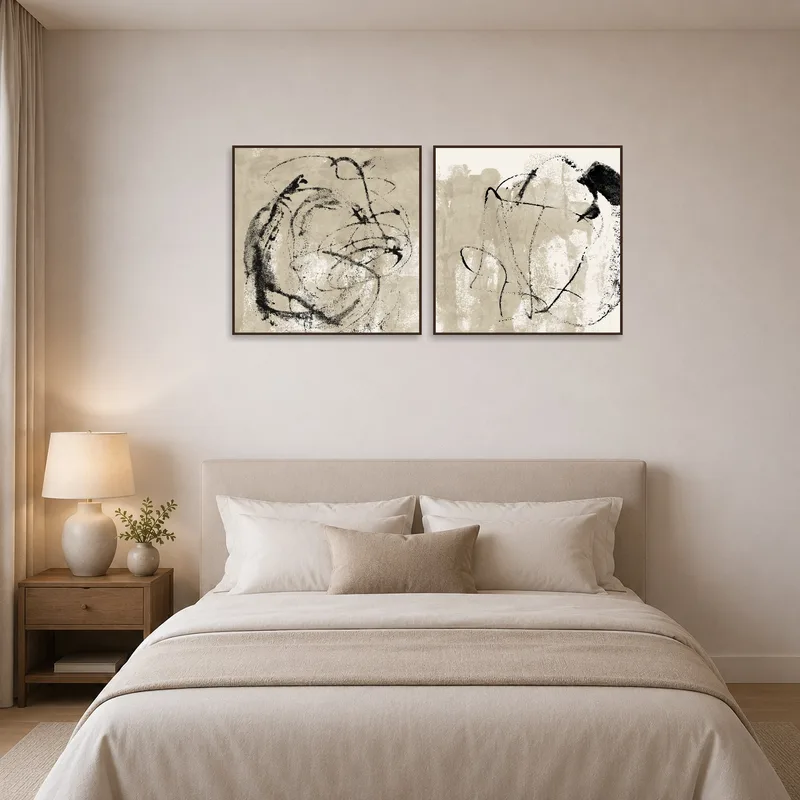 Elegant abstract ink art set adds sophistication to a serene bedroom atmosphere.
