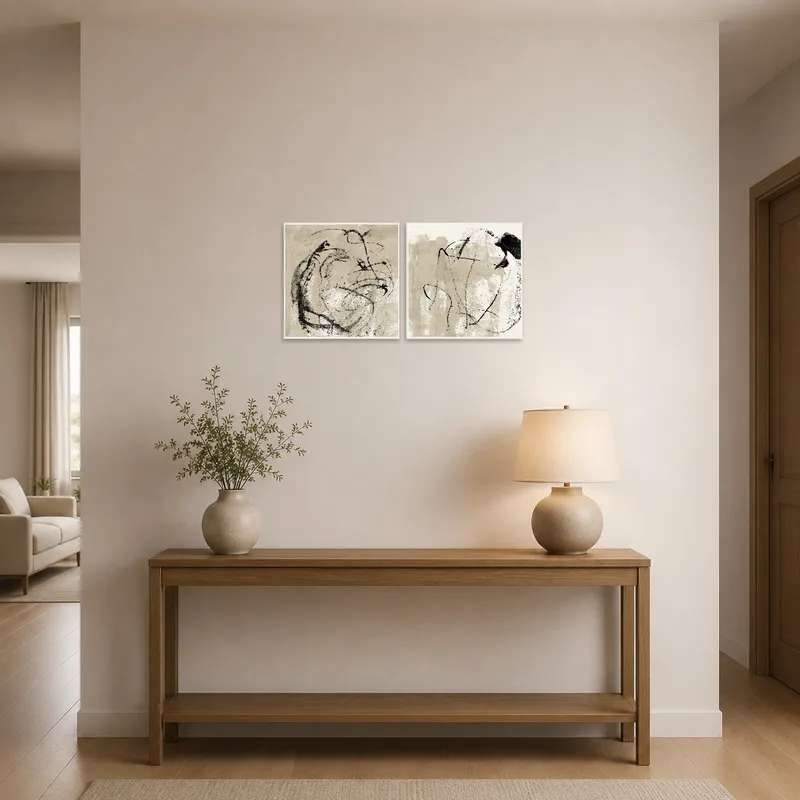 Elegant abstract ink art set welcoming guests in a stylish entrance hall.