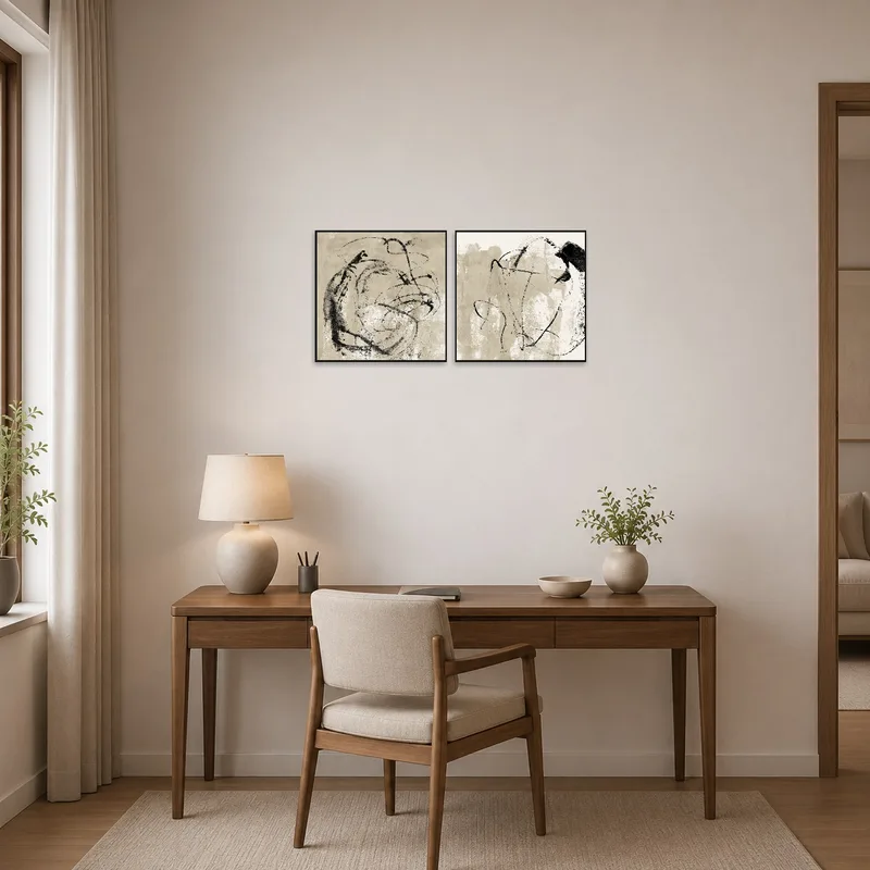 Home office with elegant abstract ink art set creating a calming workspace vibe.