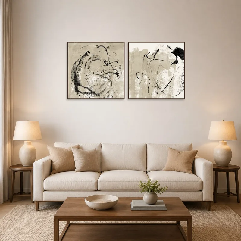Elegant abstract ink art set displayed above a modern sofa in a cozy living room.