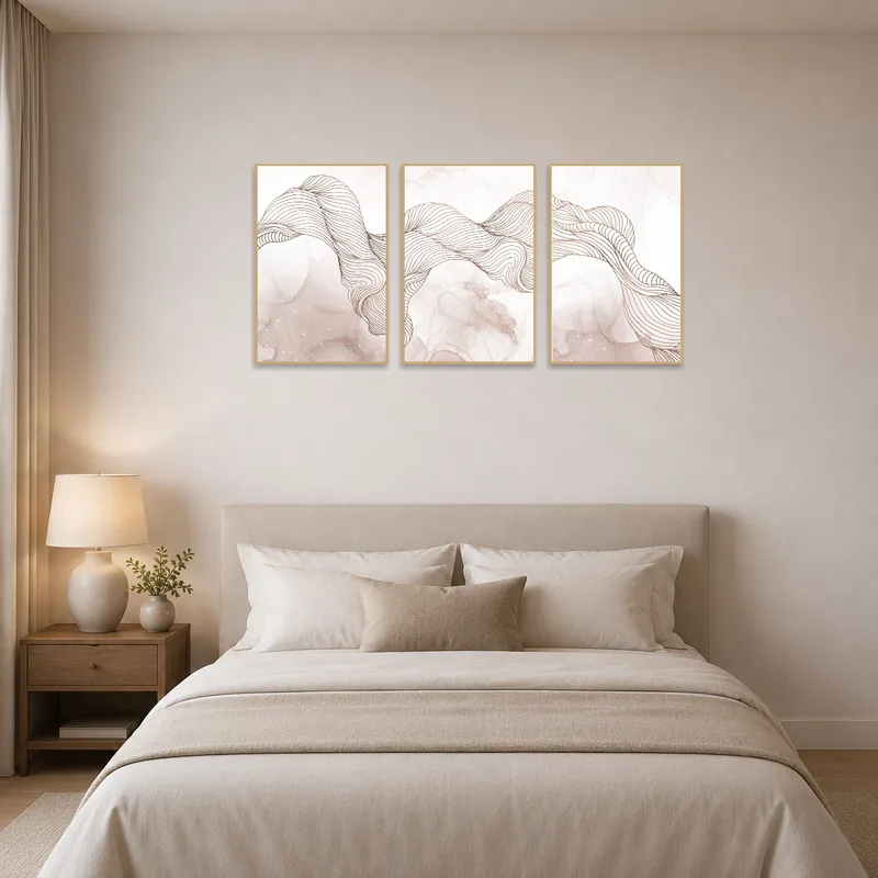 Elegant line art triptych set adorns the bedroom wall above the headboard.