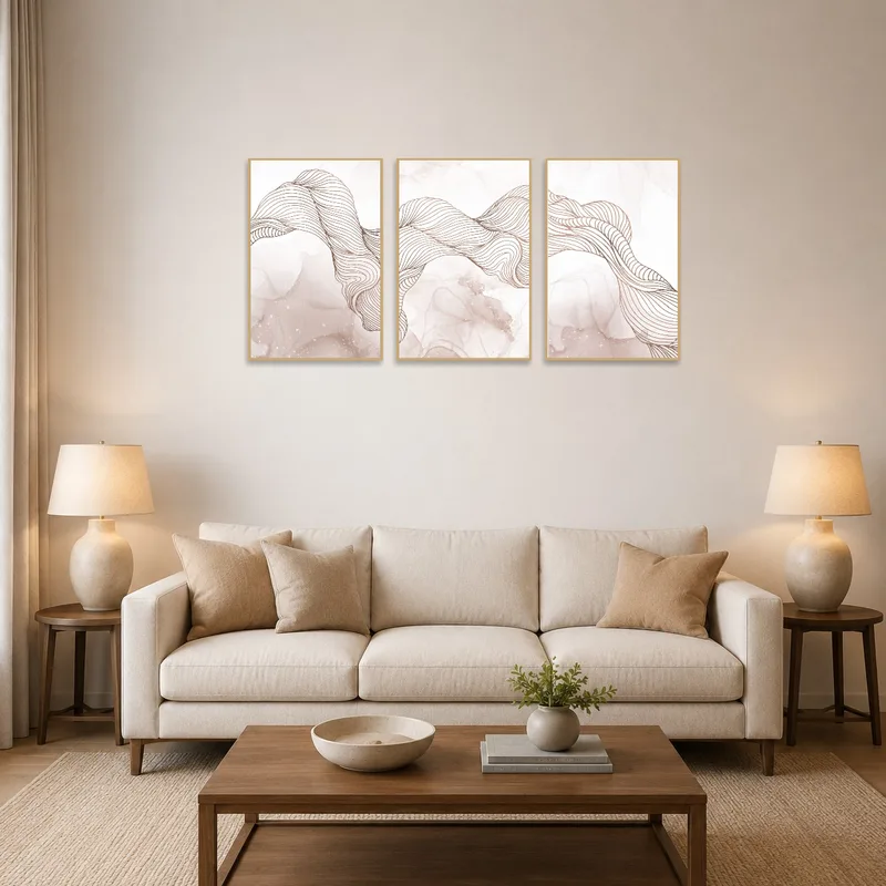 Abstract line art triptych set on the living room wall above a modern sofa.