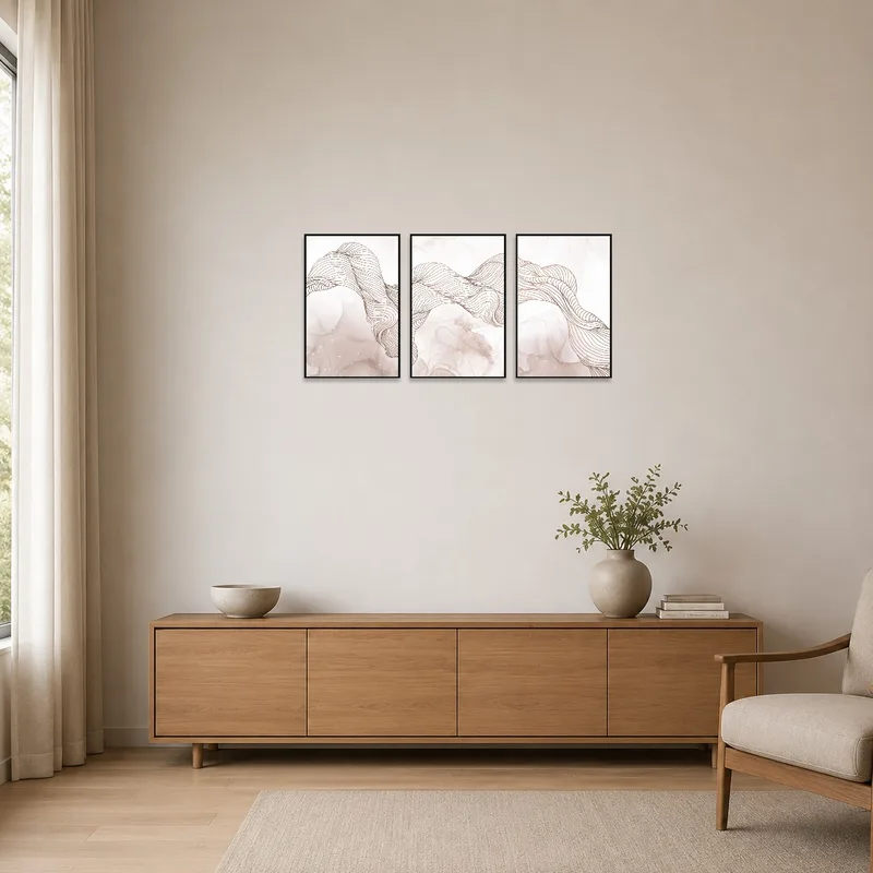 Elegant line art triptych set enhances the minimalist room's clean aesthetic.