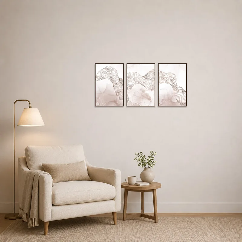 Triptych of abstract lines adds intrigue to a cozy reading corner.