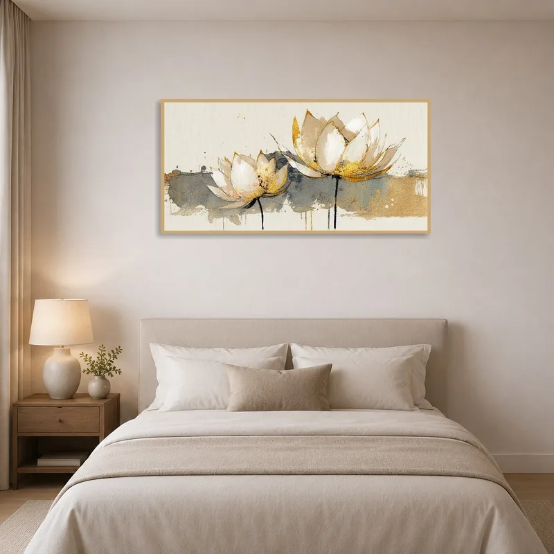 Peaceful abstract lotus piece adding calm to a bedroom.