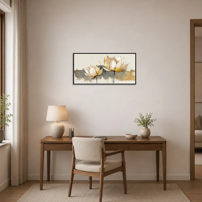 Lotus art in earthy tones inspiring a productive home office.