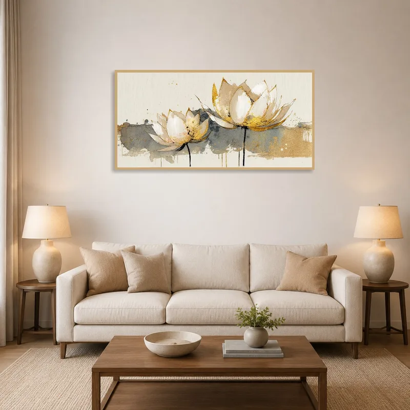 Elegant abstract lotus in earthy tones hung in a cozy living room setting.