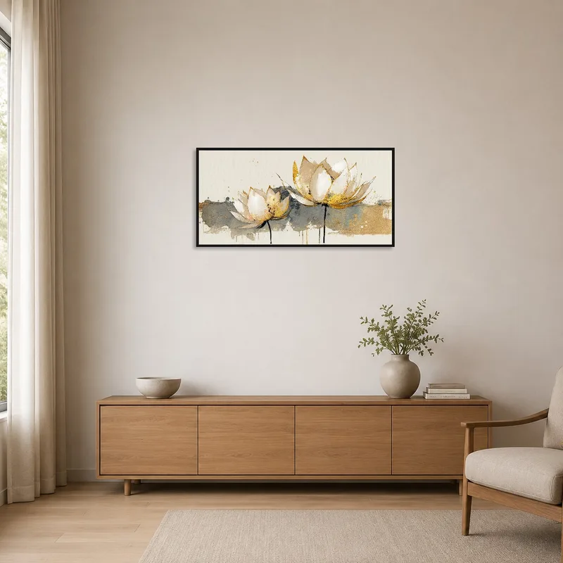 Subtle earthy lotus art on a crisp minimalist wall.