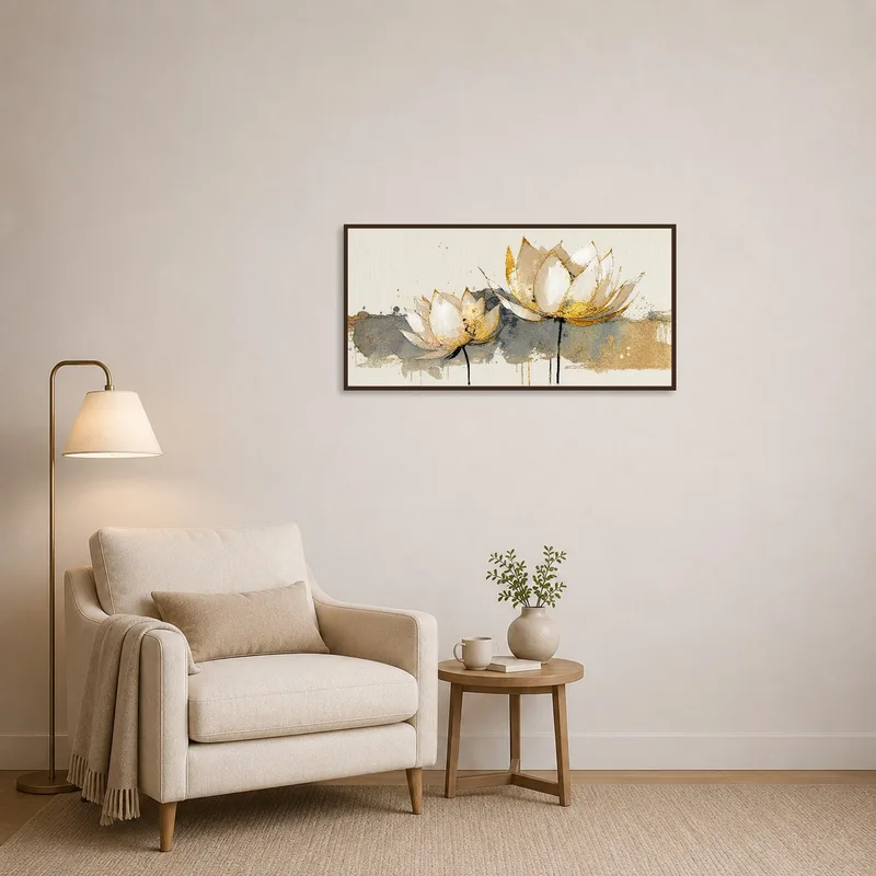 Earthy lotus artwork enhancing a serene reading corner ambiance.