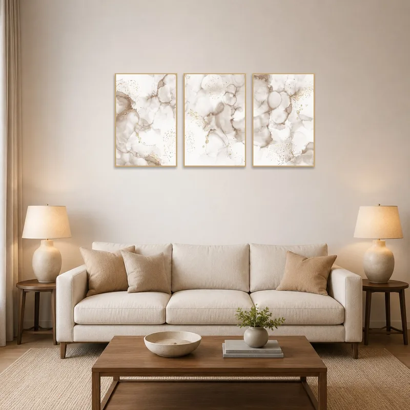 Triptych of abstract neutral and gold artwork in a stylish living room setting.