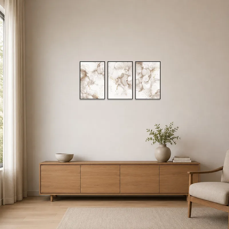 Modern minimalist room showcasing a sleek abstract neutral and gold triptych.