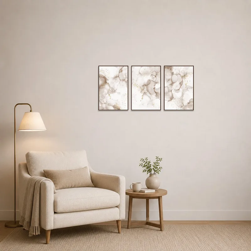 Abstract neutral and gold triptych enhances a cozy and inviting reading corner.