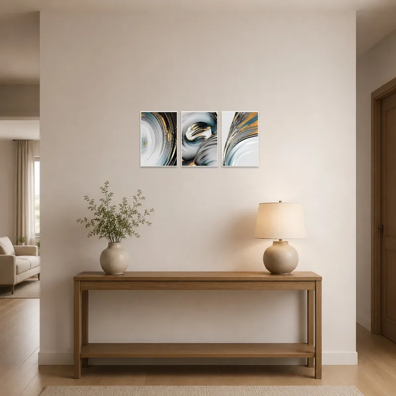 Abstract swirl set greeting guests in an airy entrance hall.