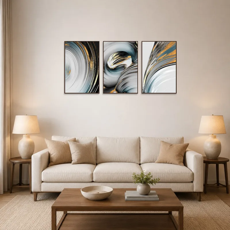 Triptych set with abstract swirls hanging above a modern sofa.