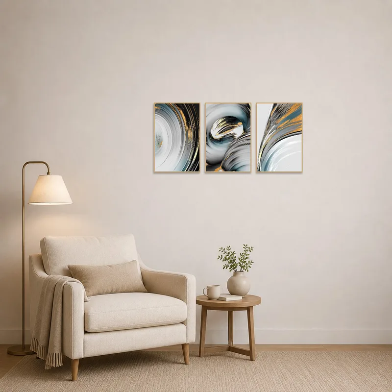 Abstract triptych set enhancing a cozy reading nook.