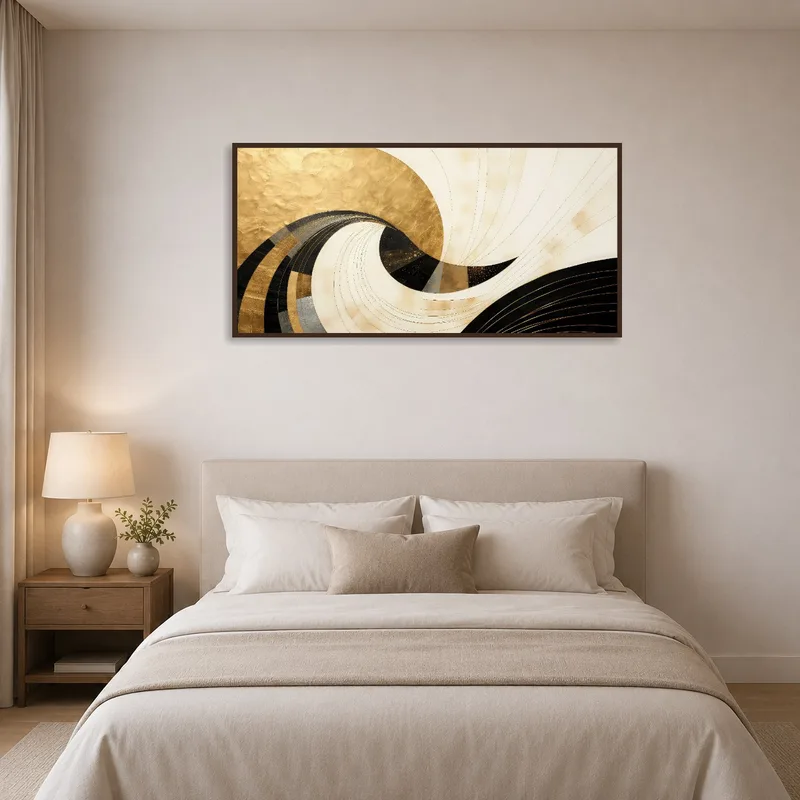 Elegant abstract swirl with gold accents adding charm above a bed in a serene bedroom.