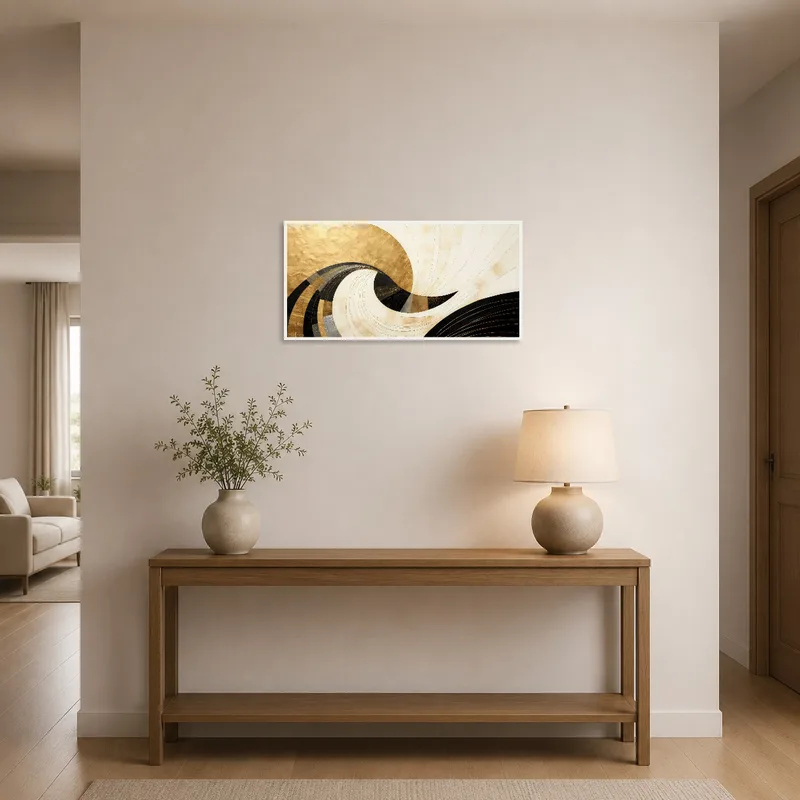 Abstract swirl artwork with gold touches greeting guests in an entrance hall.