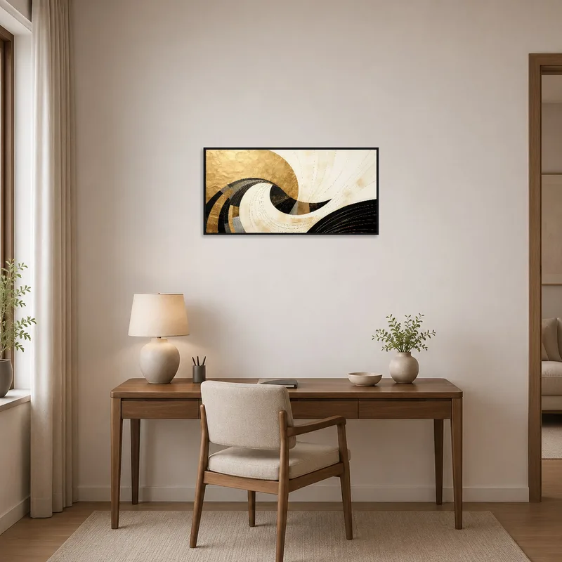 Gold-tinged abstract swirl piece energizing a home office wall behind a desk.