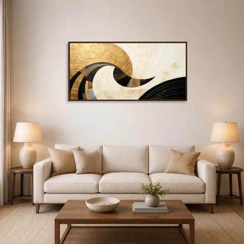 Elegant abstract swirl with gold accents on a living room wall above a modern sofa.