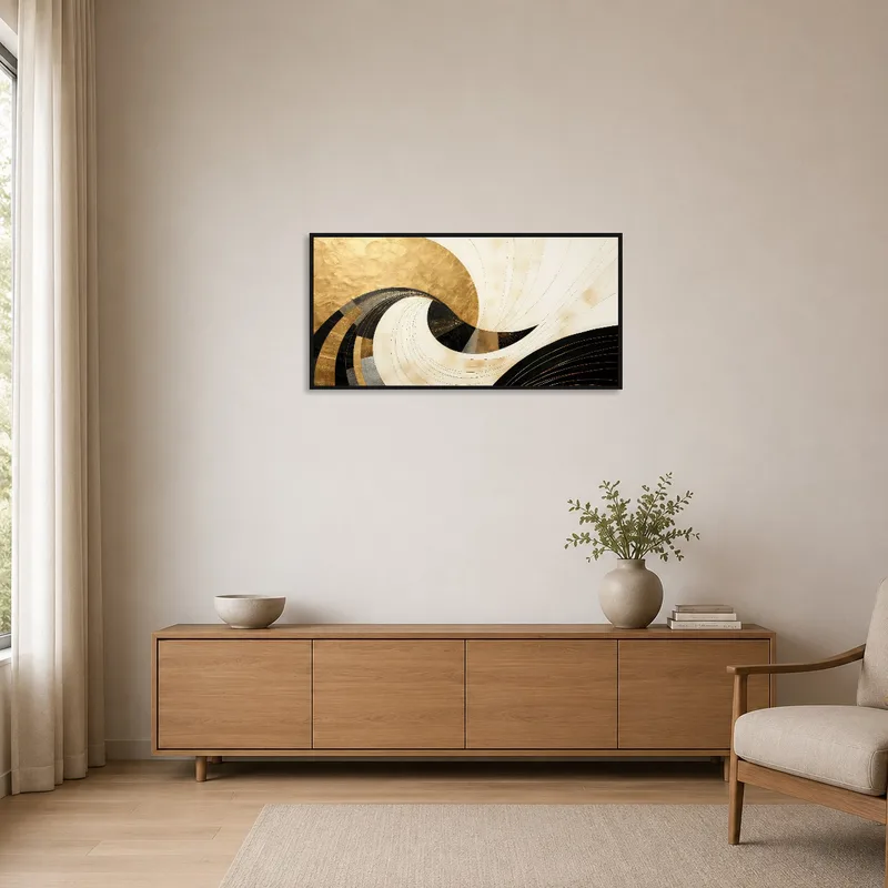 Swirling abstract piece with gold accents in a minimalist space with sleek furnishings.