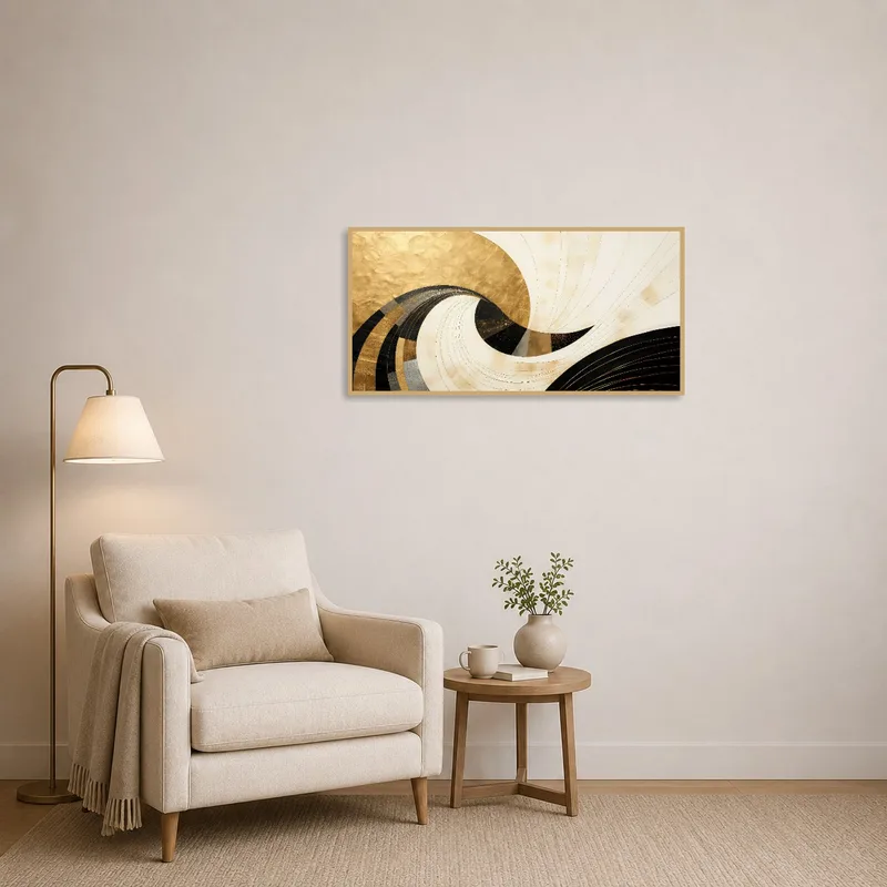Gold-accented abstract swirl art in a cozy reading corner with a plush chair.
